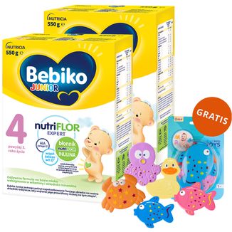 Zestaw Bebiko Junior 4 Nutriflor Expert, odżywcza formuła na bazie mleka, powyżej 2 roku, 2 x 550 g + zestaw zabawek do kąpieli, 5 sztuk gratis - zdjęcie produktu
