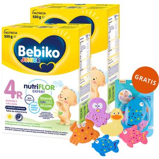 Zestaw Bebiko Junior 4R Nutriflor Expert, odżywcza formuła na bazie mleka z kleikiem ryżowym, powyżej 2 roku, 2 x 550 g + zestaw zabawek do kąpieli, 5 sztuk gratis - zdjęcie produktu