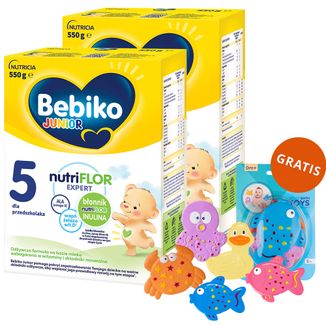 Zestaw Bebiko Junior 5 Nutriflor Expert, odżywcza formuła na bazie mleka, dla przedszkolaka, 2 x 550 g + zestaw zabawek do kąpieli, 5 sztuk gratis - zdjęcie produktu