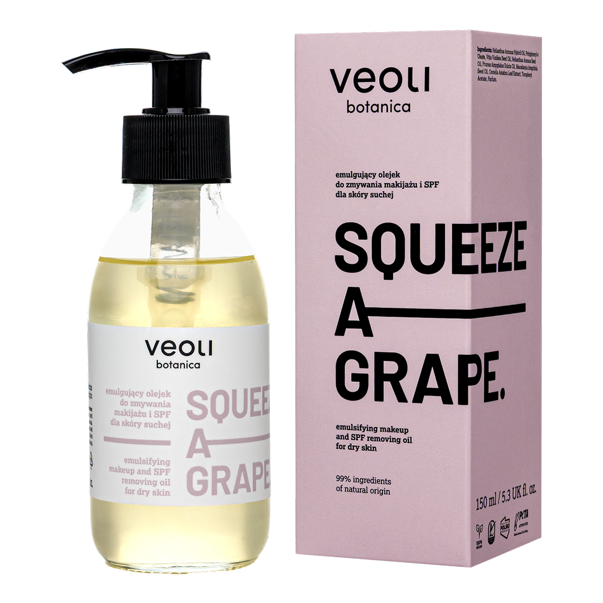 Nieznana Veoli Botanica Squeeze A Grape, olejek emulgujący do zmywania makijażu i SPF do skóry suchej, 150 ml