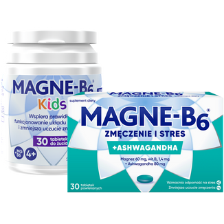Magne B6 Zmęczenie i Stres, 30 tabletek powlekanych + Magne B6 Kids, od 4 lat, smak arbuzowy, 30 tabletek do żucia - zdjęcie produktu