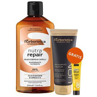 L'Erboristica Nutra Repair, olejek do ciała i włosów, olej z baobabu i kwasy Omega 3-6, 200 ml + żel pod prysznic 2w1, 100 ml i żel do oczyszczania twarzy, 20 ml gratis - zdjęcie produktu