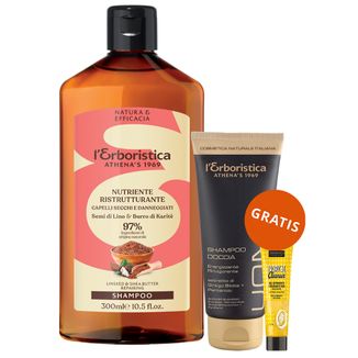 L'Erboristica, szampon z siemieniem lnianym i masłem shea, 300 ml + żel pod prysznic 2w1, 100 ml i żel do oczyszczania twarzy, 20 ml gratis - zdjęcie produktu