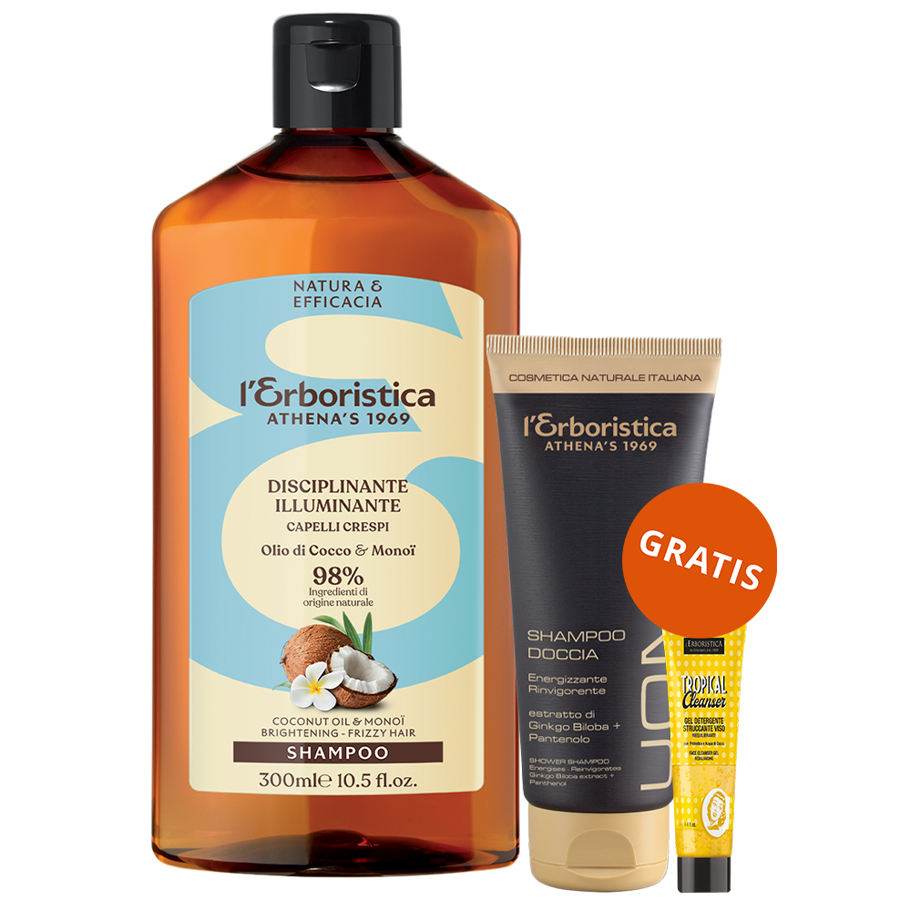 l'Erboristica L'Erboristica, szampon z olejem kokosowym i olejem monoi, 300 ml + żel pod prysznic 2w1, 100 ml i żel do oczyszczania twarzy, 20 ml gratis