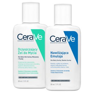 Zestaw CeraVe, oczyszczający żel do mycia z ceramidami, skóra normalna i tłusta, 88 ml + emulsja nawilżająca, skóra sucha i bardzo sucha, 88 ml - zdjęcie produktu