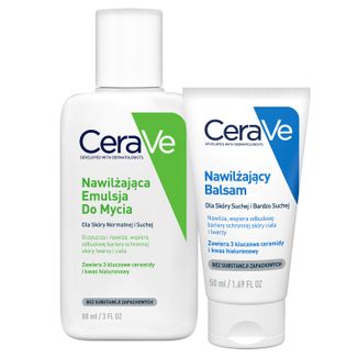 Zestaw CeraVe, emulsja nawilżająca do mycia, skóra normalna i sucha, 88 ml + balsam nawilżający do twarzy i ciała z ceramidami, skóra sucha i bardzo sucha, 50 ml - zdjęcie produktu