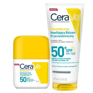 Zestaw CeraVe, niewidoczny nawilżający fluid przeciwsłoneczny, skóra normalna i sucha, SPF 50, 50 ml + balsam przeciwsłoneczny, SPF 50+, 177 ml - zdjęcie produktu