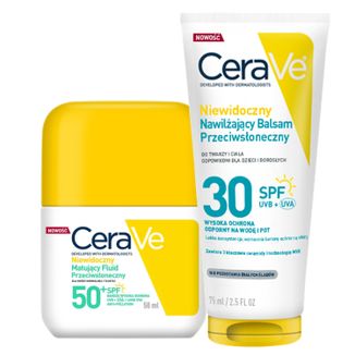 Zestaw CeraVe, niewidoczny matujący fluid przeciwsłoneczny, skóra normalna i tłusta, SPF 50+, 50 ml + balsam przeciwsłoneczny, SPF 30, 75 ml Zestaw CeraVe, niewidoczny matujący fluid przeciwsłoneczny, skóra normalna i tłusta, SPF 50+, 50 ml + balsam przeciwsłoneczny, SPF 30, 75 ml - zdjęcie produktu
