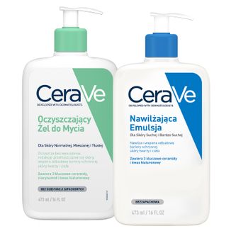 Zestaw CeraVe, oczyszczający żel do mycia z ceramidami, skóra normalna i tłusta, 473 ml + emulsja nawilżająca, skóra sucha i bardzo sucha, 473 ml Zestaw CeraVe, oczyszczający żel do mycia z ceramidami, skóra normalna i tłusta, 473 ml + emulsja nawilżająca, skóra sucha i bardzo sucha, 473 ml - zdjęcie produktu