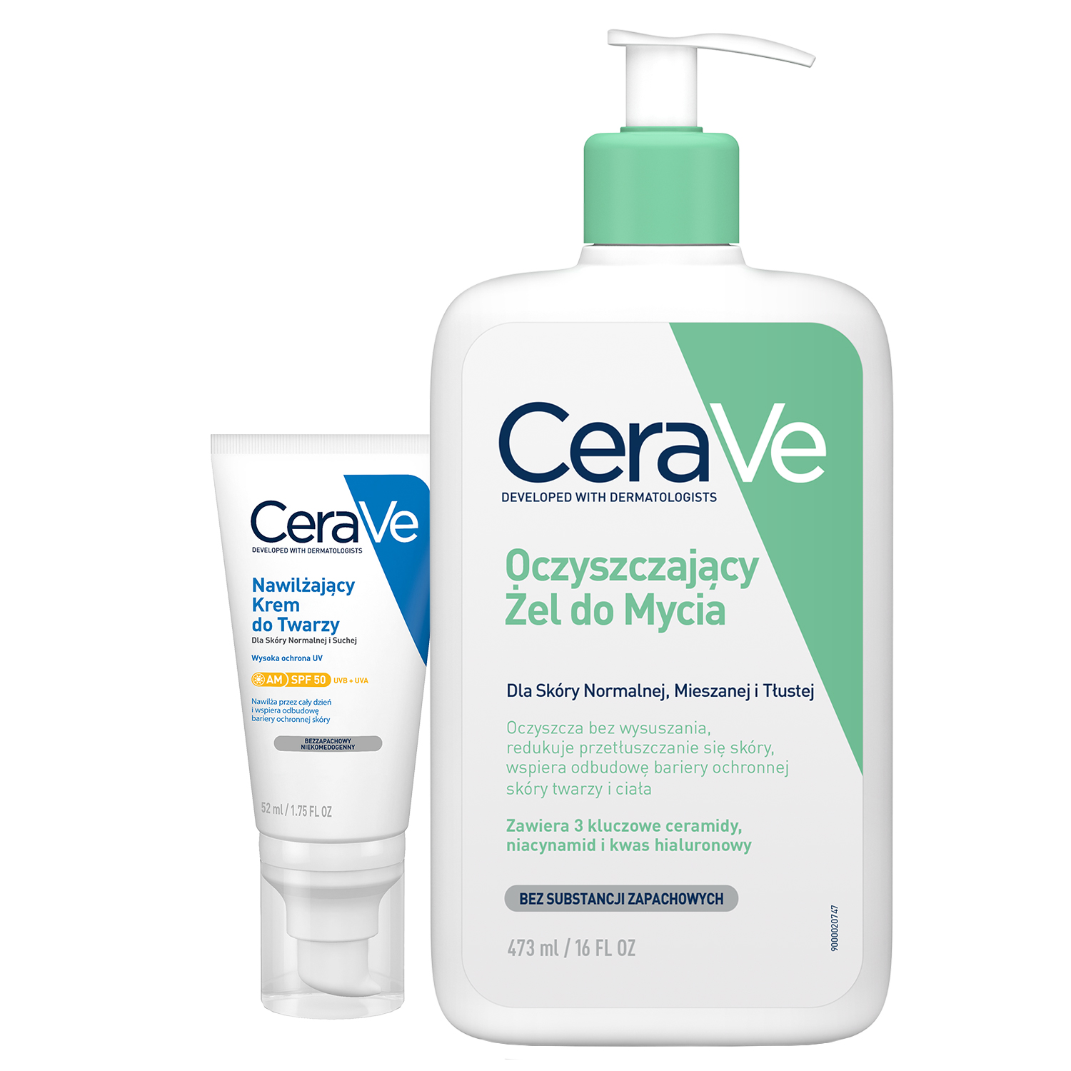 Cerave Zestaw CeraVe, oczyszczający żel do mycia z ceramidami, skóra normalna i tłusta, 473 ml + nawilżający krem do twarzy z ceramidami, skóra normalna i sucha, SPF 50, 52 ml