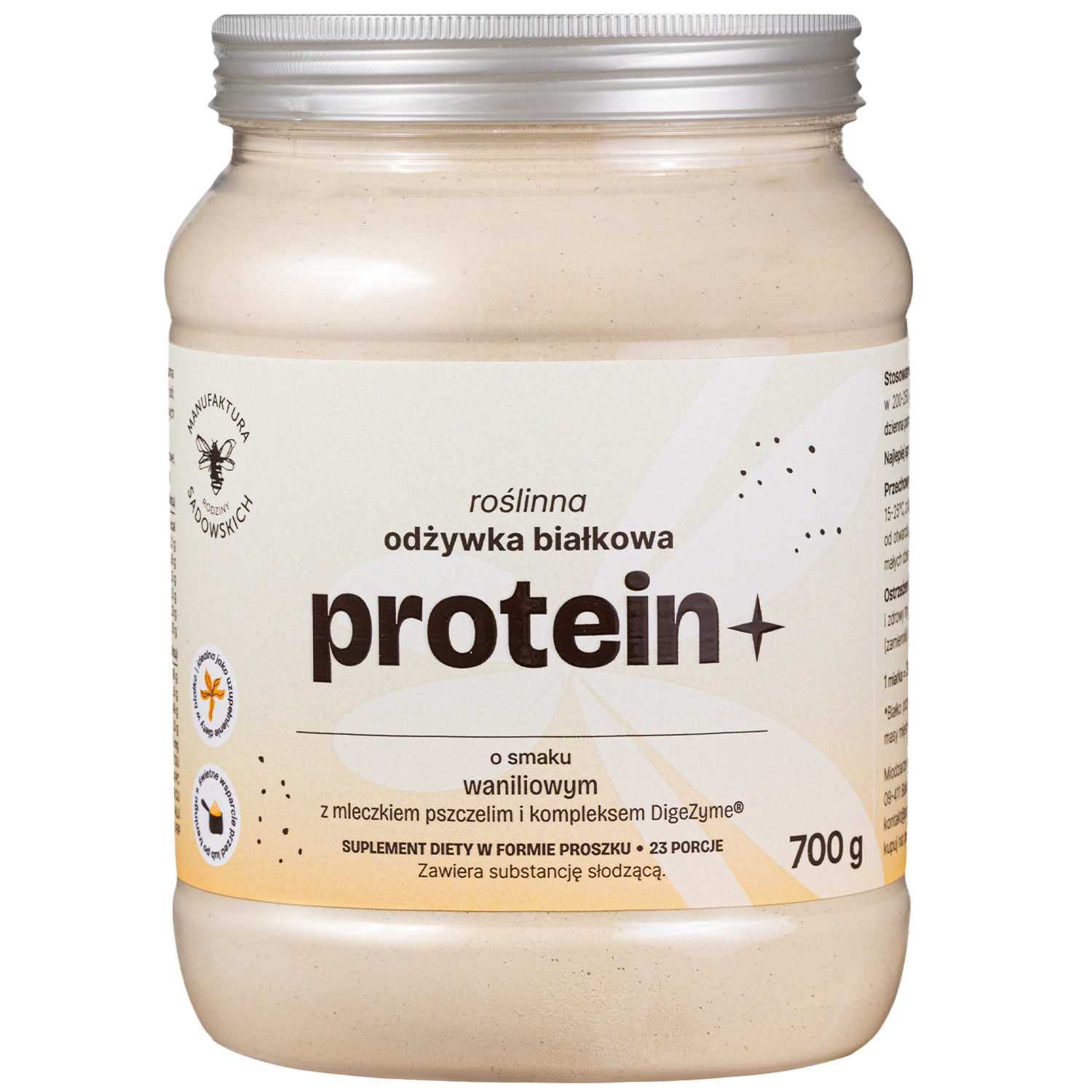 Manufaktura Rodziny Sadowskich Manufaktura Rodziny Sadowskich Protein+, roślinna odżywka białkowa, smak waniliowy z mleczkiem pszczelim, 700 g