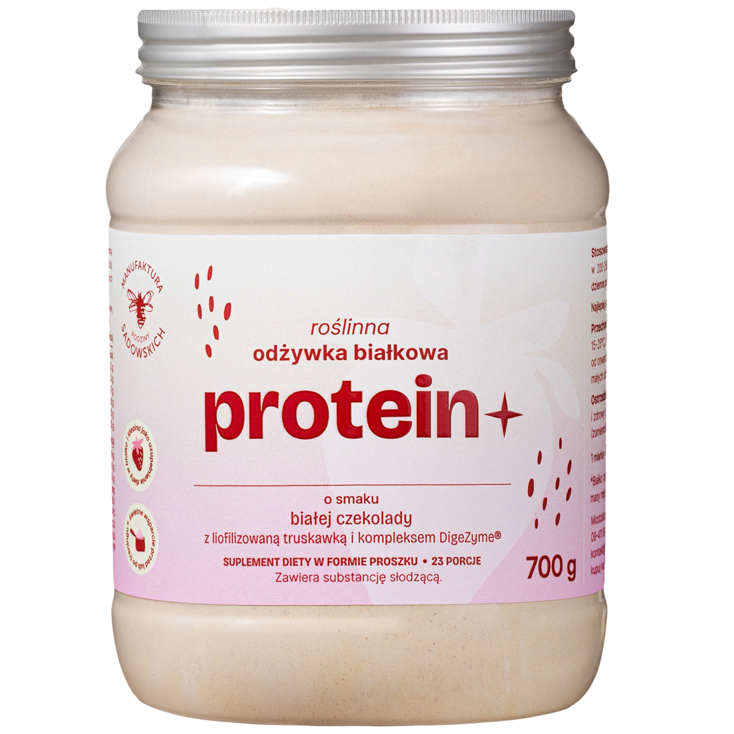Manufaktura Rodziny Sadowskich Manufaktura Rodziny Sadowskich Protein+, roślinna odżywka białkowa, smak białej czekolady z liofilizowaną truskawką, 700 g