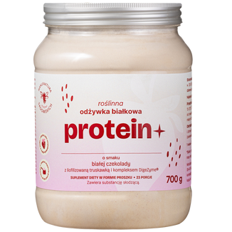 Manufaktura Rodziny Sadowskich Protein+, roślinna odżywka białkowa, smak białej czekolady z liofilizowaną truskawką, 700 g - zdjęcie produktu