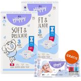 Zestaw Bella Baby Happy, pieluchy, rozmiar 3 Midi, 5-9 kg, 2 x 70 sztuk + chusteczki nawilżane, alantoina i witamina E, 64 sztuki gratis - miniaturka zdjęcia produktu