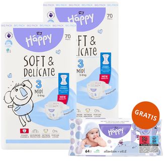 Zestaw Bella Baby Happy, pieluchy, rozmiar 3 Midi, 5-9 kg, 2 x 70 sztuk + chusteczki nawilżane, alantoina i witamina E, 64 sztuki gratis - zdjęcie produktu