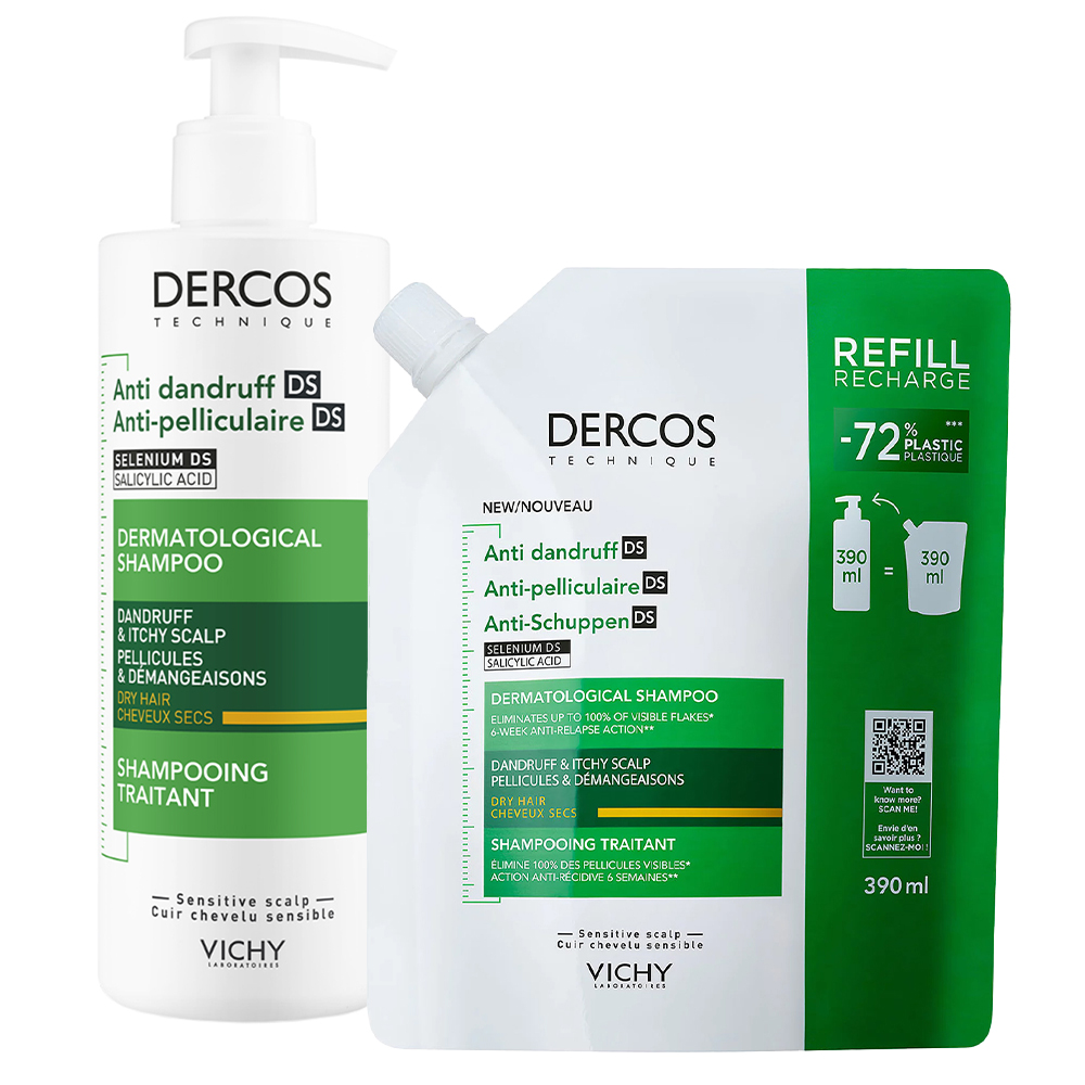 Vichy Set Vichy Dercos Anti Dandruff DS, Anti-Schuppen-Shampoo, Haar trocken, 390 ml + Nachfüllpackung, 390 ml