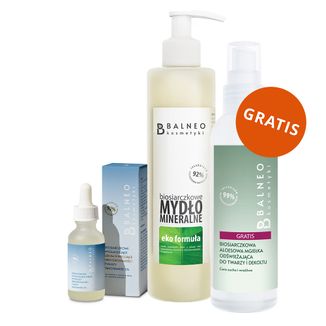 Zestaw Balneokosmetyki, biosiarczkowe mydło mineralne w płynie, 250 ml + serum niwelujące niedoskonałości twarzy, niacynamid 5%, 30 ml + mgiełka odświeżająca, 150 ml gratis - zdjęcie produktu