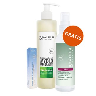 Zestaw Balneokosmetyki, biosiarczkowe mydło mineralne w płynie, 250 ml + żel punktowy do twarzy usuwający niedoskonałości, 15 ml + mgiełka odświeżająca, 150 ml gratis - zdjęcie produktu