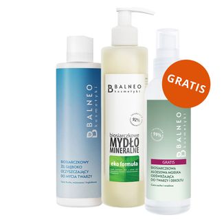 Zestaw Balneokosmetyki, biosiarczkowe mydło mineralne w płynie, 250 ml + żel głęboko oczyszczający do mycia twarzy, 200 ml + mgiełka odświeżająca, 150 ml gratis - zdjęcie produktu