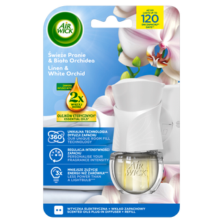 Air Wick Świeże Pranie & Biała Orchidea, elektryczny odświeżacz powietrza, urządzenie + zapas, 19 ml - zdjęcie produktu