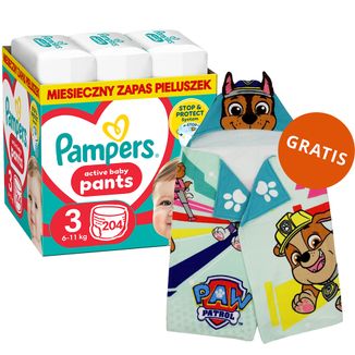 Pampers Active Baby Pants 3 (6-11 kg), pieluchomajtki, 204 sztuki + ręcznik-pelerynka Psi Patrol gratis - zdjęcie produktu