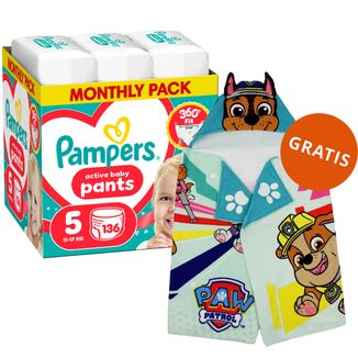 Pampers Active Baby Pants 5 (11-17 kg), pieluchomajtki, 136 sztuk + ręcznik-pelerynka Psi Patrol gratis Pampers Active Baby Pants 5 (11-17 kg), pieluchomajtki, 136 sztuk + ręcznik-pelerynka Psi Patrol gratis - zdjęcie produktu