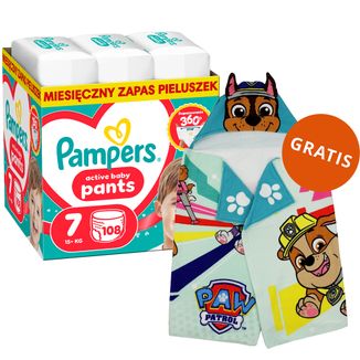 Pampers Active Baby Pants 7 (15+ kg), pieluchomajtki, 108 sztuk + ręcznik-pelerynka Psi Patrol gratis - zdjęcie produktu