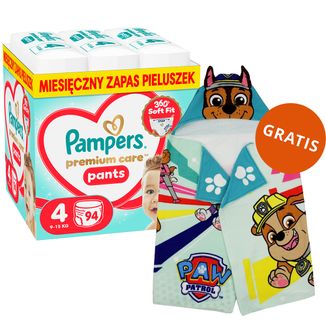 Pampers Premium Care Pants 4 (9-15 kg), pieluchomajtki, 94 sztuki + ręcznik-pelerynka Psi Patrol gratis - zdjęcie produktu