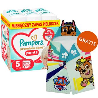 Pampers Premium Care Pants 5 (11-17 kg), pieluchomajtki, 80 sztuk + ręcznik-pelerynka Psi Patrol gratis - zdjęcie produktu