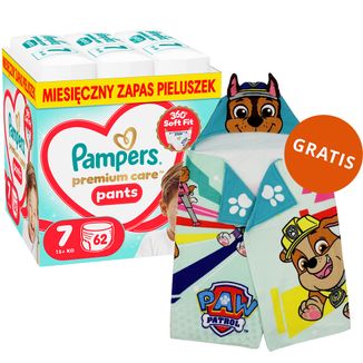 Pampers Premium Care Pants 7 (15+ kg), pieluchomajtki, 62 sztuki + ręcznik-pelerynka Psi Patrol gratis Pampers Premium Care Pants 7 (15+ kg), pieluchomajtki, 62 sztuki + ręcznik-pelerynka Psi Patrol gratis - zdjęcie produktu