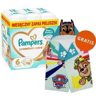 Pampers Premium Care 6 (13-18 kg), pieluchy, 116 sztuk + ręcznik-pelerynka Psi Patrol gratis - zdjęcie produktu