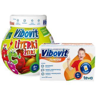 Zestaw Vibovit Literki Żelki, powyżej 4 lat, smak owocowy, 50 sztuk + Vibovit Junior, dla dzieci 4-12 lat, smak pomarańczowy, 44 saszetki - zdjęcie produktu
