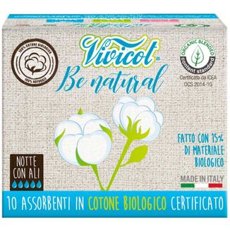 Vivicot Be Natural, podpaski higieniczne, na noc, z organicznej bawełny, ze skrzydełkami, 10 sztuk - zdjęcie produktu