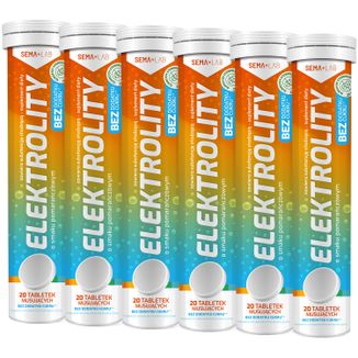 Zestaw SEMA Lab Elektrolity, bez dodatku cukru, smak pomarańczowy, 6 x 20 tabletek musujących Zestaw SEMA Lab Elektrolity, bez dodatku cukru, smak pomarańczowy, 6 x 20 tabletek musujących - zdjęcie produktu