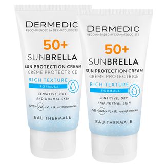 Zestaw Dermedic Sunbrella, krem ochronny do twarzy, skóra sucha i normalna, SPF 50+, 2 x 50 g Zestaw Dermedic Sunbrella, krem ochronny do twarzy, skóra sucha i normalna, SPF 50+, 2 x 50 g - zdjęcie produktu