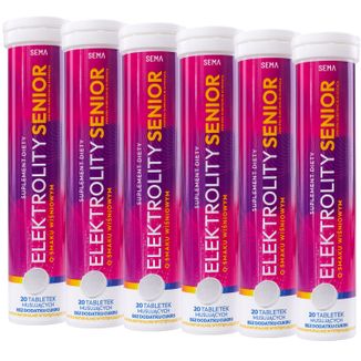Zestaw SEMA Elektrolity Senior, smak wiśniowy, bez dodatku cukru, 6 x 20 tabletek musujących Zestaw SEMA Elektrolity Senior, smak wiśniowy, bez dodatku cukru, 6 x 20 tabletek musujących - zdjęcie produktu