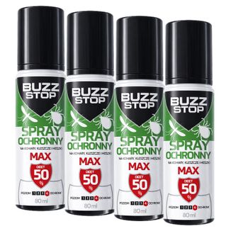 Zestaw BuzzStop Max, spray ochronny na komary, kleszcze i meszki, DEET 50%, 4 x 80 ml Zestaw BuzzStop Max, spray ochronny na komary, kleszcze i meszki, DEET 50%, 4 x 80 ml - zdjęcie produktu