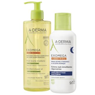 Zestaw A-Derma Exomega Control, olejek emolient pod prysznic przeciw drapaniu, 500 ml + krem emolient na noc, skóra sucha i skłonna do atopii, od 1 dnia życia, 400 ml - zdjęcie produktu