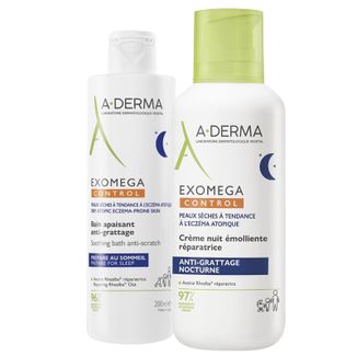 Zestaw A-Derma Exomega Control, kąpiel kojąca przeciw drapaniu, po 6 miesiącu, 200 ml +  krem emolient na noc, skóra sucha i skłonna do atopii, od 1 dnia życia, 400 ml - zdjęcie produktu
