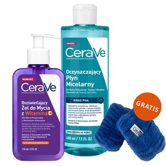 Zestaw CeraVe, rozświetlający żel do mycia z witaminą C, 236 ml + oczyszczający płyn micelarny, 400 ml + frotki na nadgarstki gratis - zdjęcie produktu