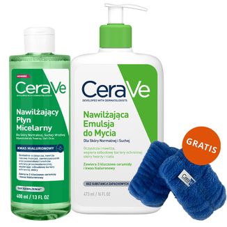 Zestaw CeraVe, nawilżający płyn micelarny, 400 ml + emulsja nawilżająca do mycia, skóra normalna i sucha, 473 ml + frotki na nadgarstki gratis - zdjęcie produktu