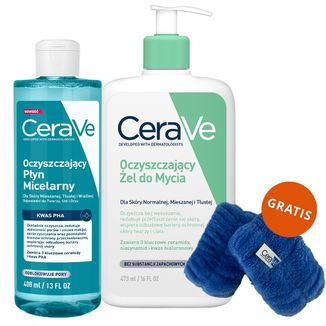 Zestaw CeraVe, oczyszczający płyn micelarny, 400 ml + oczyszczający żel do mycia z ceramidami, skóra normalna i tłusta, 473 ml + frotki na nadgarstki gratis - zdjęcie produktu