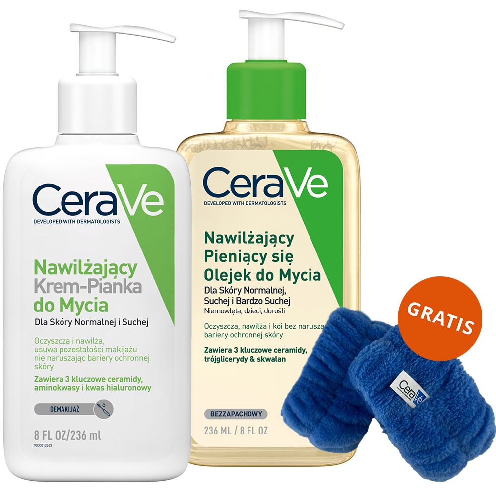 Cerave Zestaw CeraVe, nawilżający krem-pianka do mycia twarzy, skóra normalna i sucha, 236 ml + olejek z ceramidami do mycia, 236 ml + frotki na nadgarstki gratis