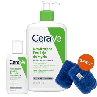 Zestaw CeraVe, emulsja nawilżająca do mycia, skóra normalna i sucha, 473 ml + 88 ml + frotki na nadgarstki gratis - zdjęcie produktu