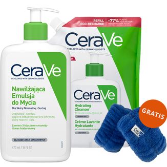 Zestaw CeraVe, emulsja nawilżająca do mycia, skóra normalna i sucha, zapas, 473 ml + 473 ml + frotki na nadgarstki gratis - zdjęcie produktu