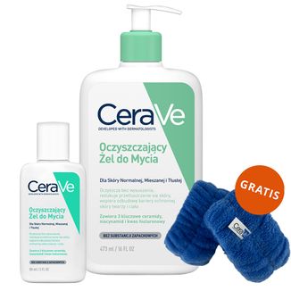 Zestaw CeraVe, oczyszczający żel do mycia z ceramidami, skóra normalna i tłusta, 473 ml + 88 ml + frotki na nadgarstki gratis - zdjęcie produktu