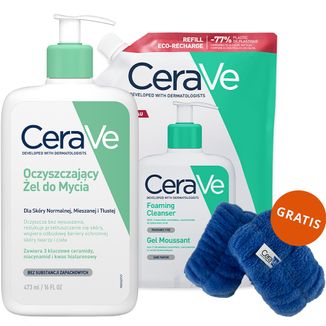Zestaw CeraVe, oczyszczający żel do mycia z ceramidami, skóra normalna i tłusta, zapas, 473 ml + 473 ml + frotki na nadgarstki gratis - zdjęcie produktu