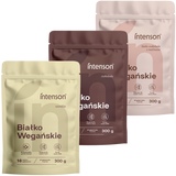 Zestaw Intenson Wegańskie białko, smak białej czekolady i malin, 300 g + smak czekoladowy, 300 g + smak waniliowy, 300 g - miniaturka zdjęcia produktu