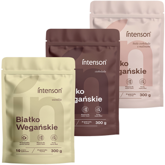 Zestaw Intenson Wegańskie białko, smak białej czekolady i malin, 300 g + smak czekoladowy, 300 g + smak waniliowy, 300 g - zdjęcie produktu