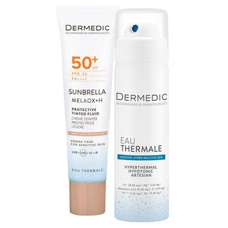 Zestaw Dermedic Sunbrella, tonujący, lekki krem ochronny do twarzy, skóra wrażliwa, SPF 50+, 40 ml + woda termalna, 50 ml - zdjęcie produktu
